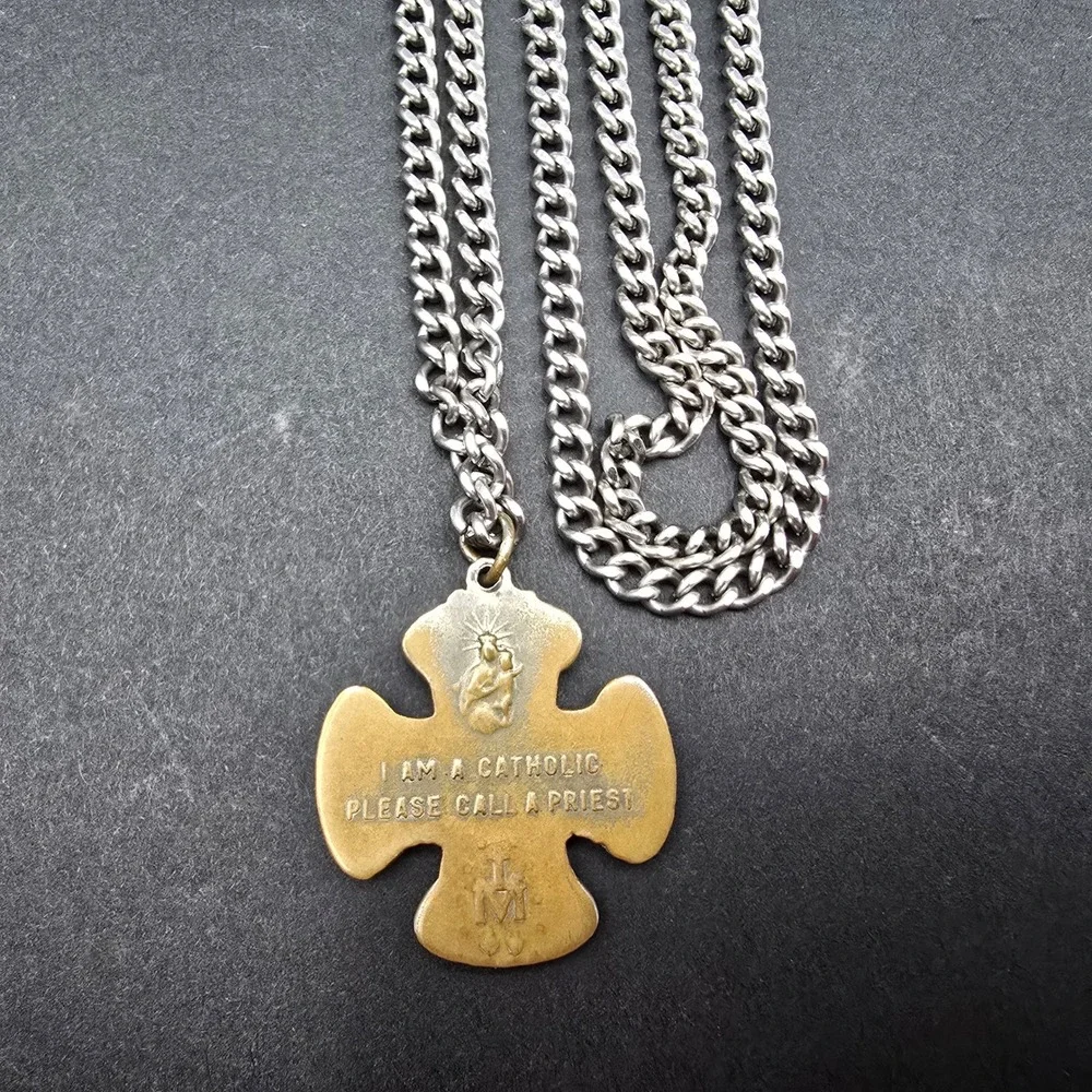 Vintage Catholic 4-Way Cross Necklace I Am A Catholic Call A Priest Pendant 36in